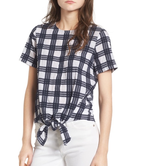 Madewell Plaid Tie Front Blouse - Picture 1 of 7